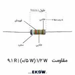 مقاومت 1/2 وات 9.1 اهم (1/2W 9.1R ) نمای نزدیک از قطعه الکترونیکی نیم وات با کد رنگی استاندارد ساختار لایه کربنی با هسته سرامیکی بسیار فشرده پایه‌های مسی با روکش قلع خالص برای لحیم‌کاری سریع قطعه پسیو با تلرانس پنج درصد و پایداری عملکردی بالا بسته استاندارد مقاومت نه و یک دهم اهم برای خطوط تولید مقاومت لایه کربنی با نویز حرارتی فوق‌العاده پایین جزئیات لایه محافظ رزین اپوکسی ضد رطوبت و گرما استفاده از مقاومت در مدار درایور گیت ترانزیستور قدرت المان محافظ جریان در بردهای کنترل صنعتی چیدمان قطعات پسیو روی فیبر مدار چاپی استاندارد نمایش ابعاد فیزیکی و فواصل پایه‌های مقاومت نیم وات کاربرد قطعه در شبکه فیلتر اسنابر و میراکننده ولتاژ بررسی استحکام مکانیکی کلاهک‌های انتهایی قطعه تجهیزات تست اهم برای کنترل کیفیت در خط تولید مقاومت نه ممیز یک دهم اهم مناسب برای منابع تغذیه سوئیچینگ مونتاژ آسان پایه‌ها در سوراخ‌های برد مدار چاپی قطعه الکترونیکی بدون افت اهم در استفاده درازمدت المان مقاوم در برابر پالس‌های گذرای الکتریکی انتخاب مطمئن برای پروژه‌های طراحی صنعتی و تجاری پایه‌های انعطاف‌پذیر با امکان خم‌کاری دقیق برای مونتاژ نمای روبرو از پوشش عایق و کدهای رنگی شناسایی المان پسیو استاندارد برای کاربردهای عمومی و پیشرفته تضمین کارایی در شرایط آب و هوایی مرطوب و صنعتی قطعه باکیفیت برای ارتقای استانداردهای مدار الکترونیک